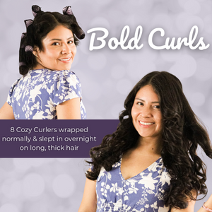 Bold, Heatless Curls using 8 Cozy Curlers wrapped normally & slept in overnight on long, thick hair.