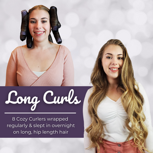 Long, Heatless Curls using 8 Cozy Curlers wrapped regularly & slept in overnight on long, hip length hair.