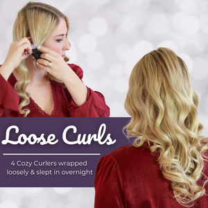 Loose, Heatless Curls using 4 Cozy Curlers wrapped normally on medium fine hair.