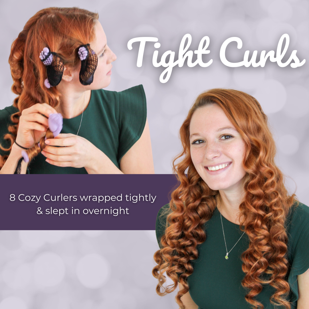 Tight Heatless Curls using 8 Cozy Curlers wrapped tightly and slept in overnight on long, red hair.