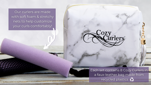 Cozy Curlers are made with soft foam & stretchy nets to help customize your curls comfortably! Each set of Cozy Curlers contains 8 Cozy Curlers in a faux-leather bag made from recycled plastics. Cozy Curlers are purple curlers with a net attached.